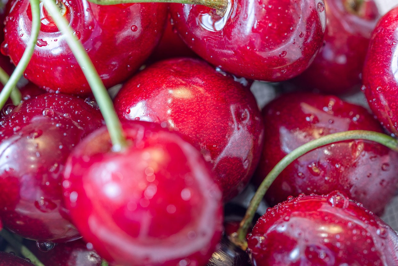 cherries, stone fruit, fruit, wet, washed, clean, ready to eat, vitamins, food, ripe